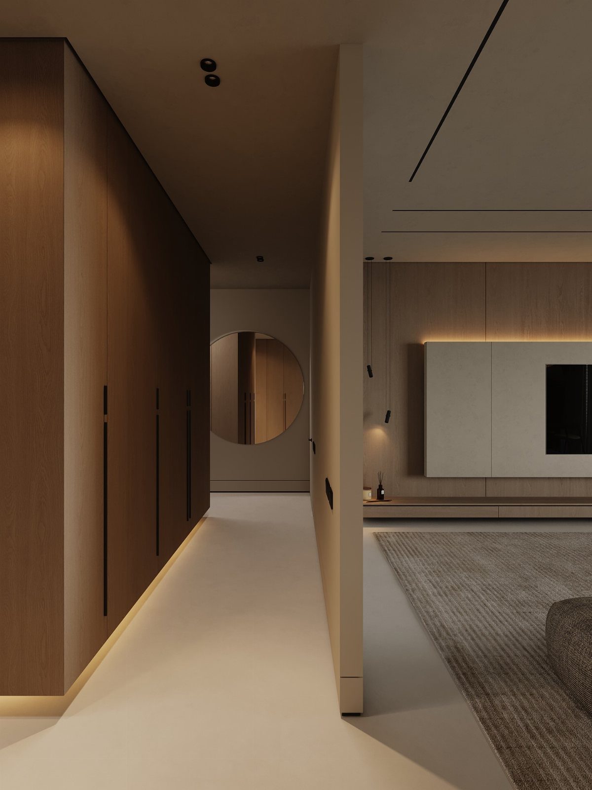 Modern living room and hallway with beige walls, wood panels, and grey rug.