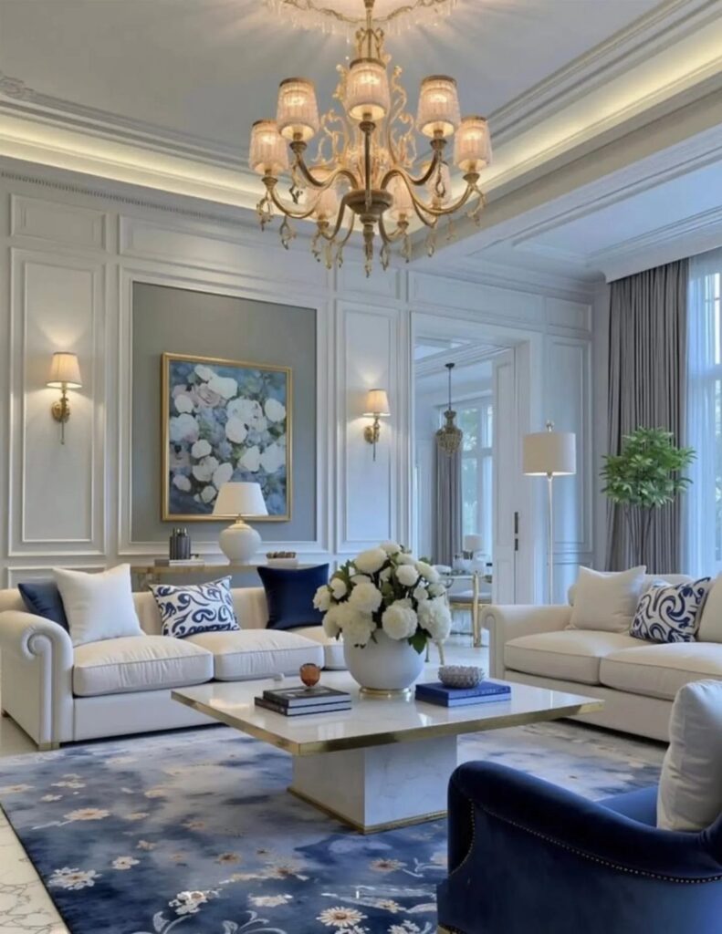 Luxurious living room featuring white sofas, blue floral rug, and gold chandelier.
