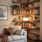 Wooden floating corner bookshelves filled with books above a white living room sofa.