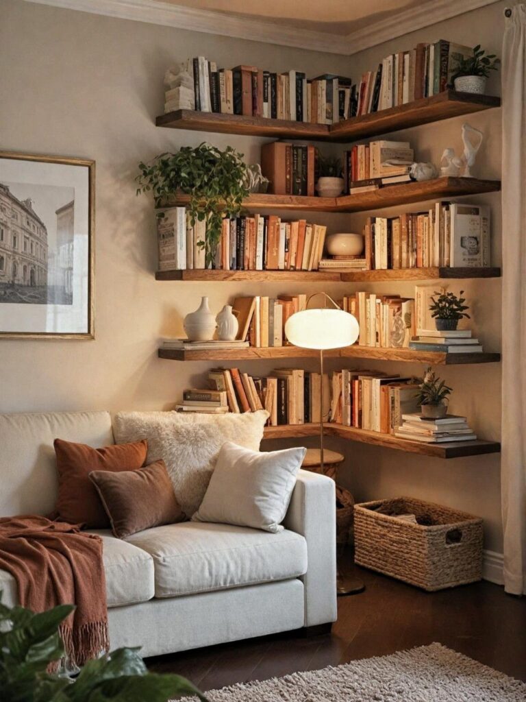 Wooden floating corner bookshelves filled with books above a white living room sofa.