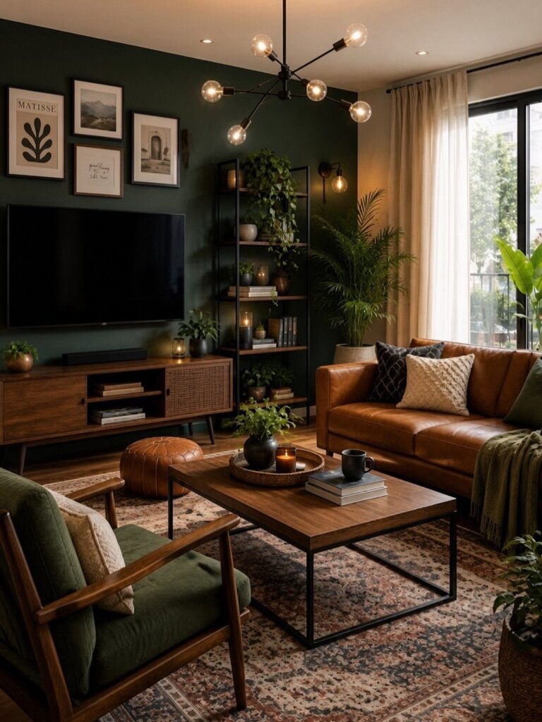 Living room with dark green walls, brown leather sofa, and wooden furniture and plants.