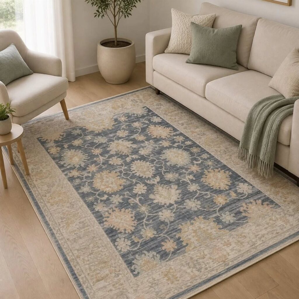 Blue and beige floral rug in a bright coastal style living room