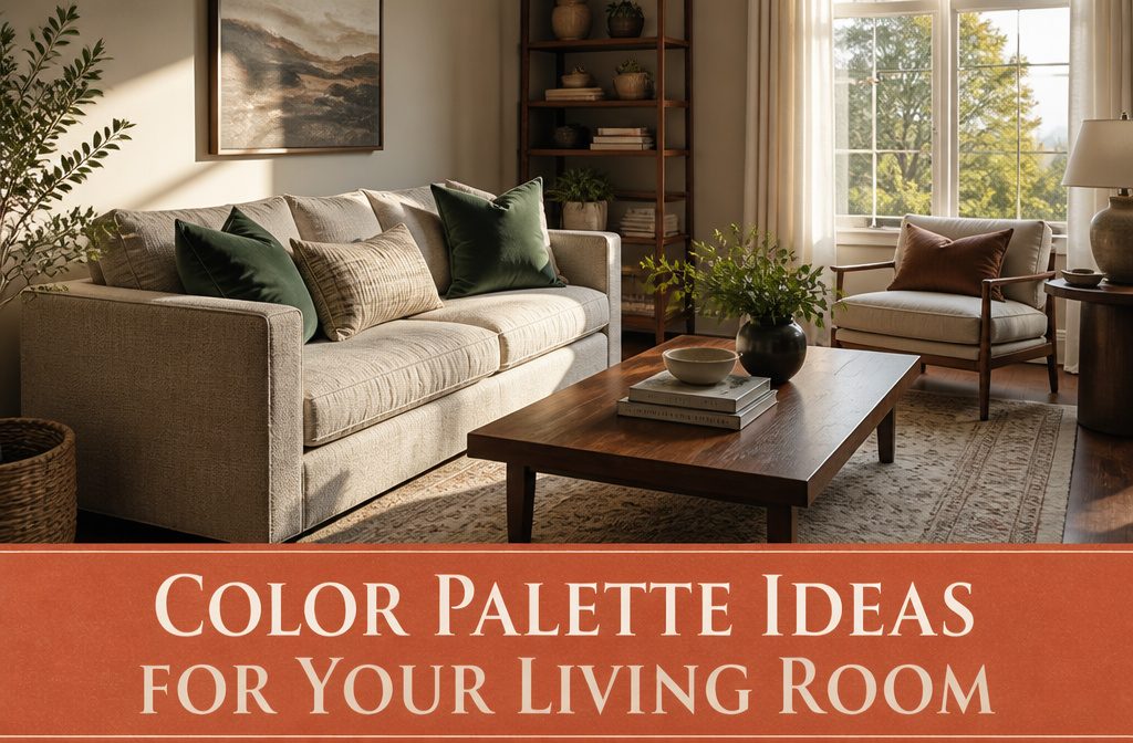 A stylish living room with various color palettes and furnishings.