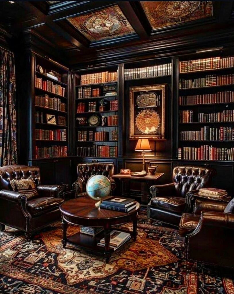 Dark academia living room with warm layered lighting, leather chairs, and extensive bookshelves.