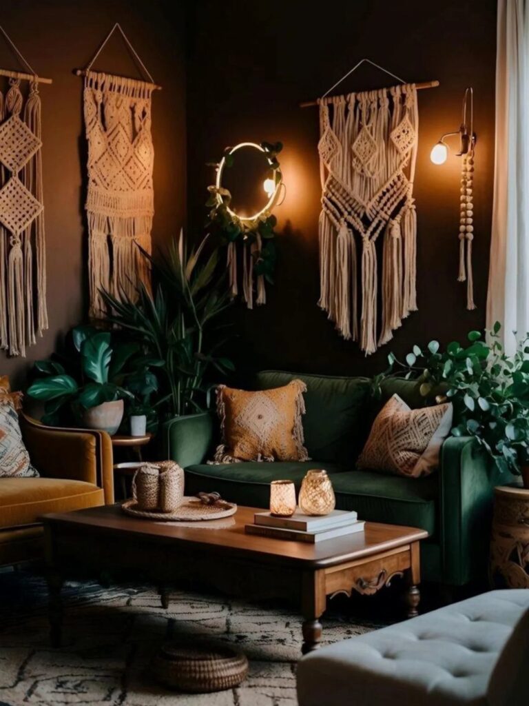 Dark boho living room with green velvet sofa, macrame wall art, and lush plants.
