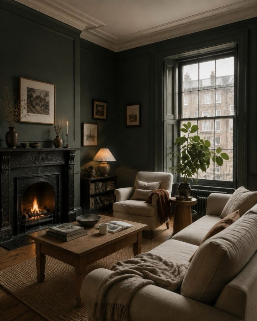 Dark green living room with a cozy fireplace, beige furniture, and a large window.