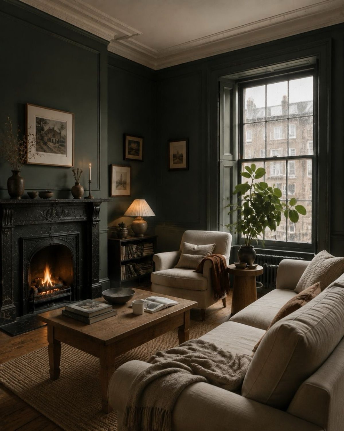 Dark green living room with a cozy fireplace, beige furniture, and a large window.