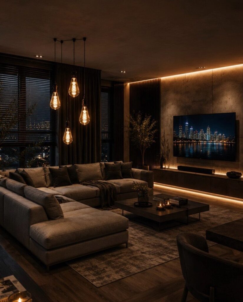 Dark living room with grey sectional sofa, warm Edison bulb lighting, and large television.