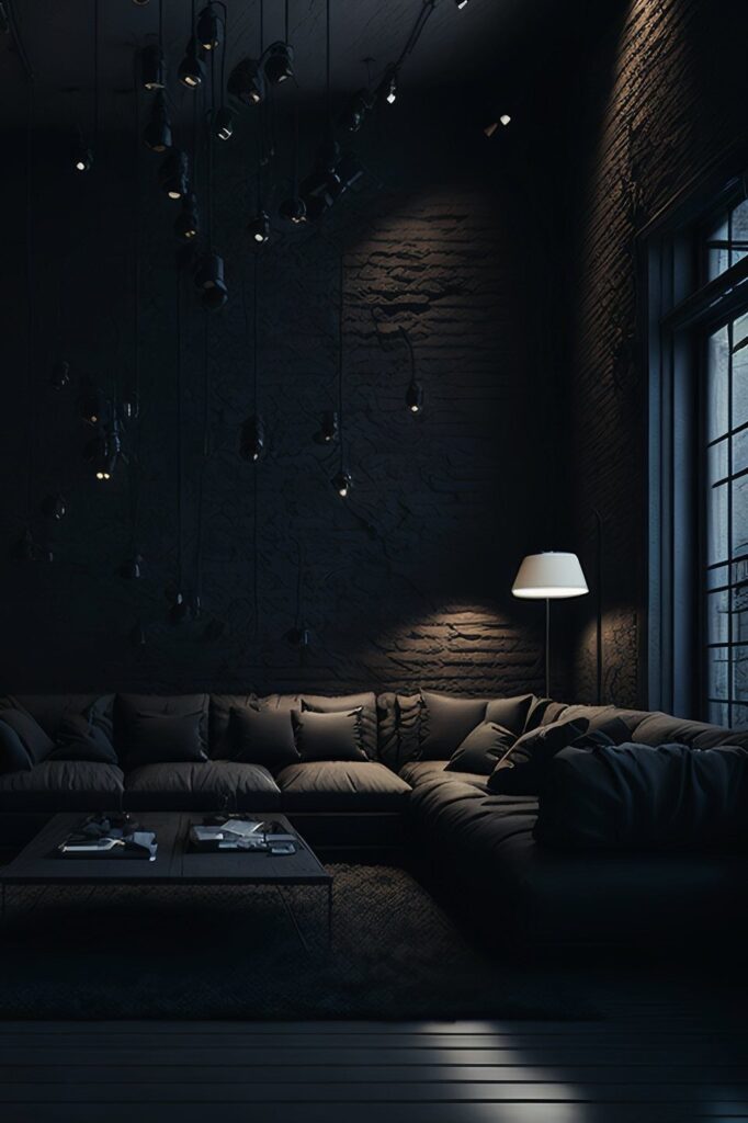 Dark moody living room with a grey sectional sofa and a glowing white lamp.