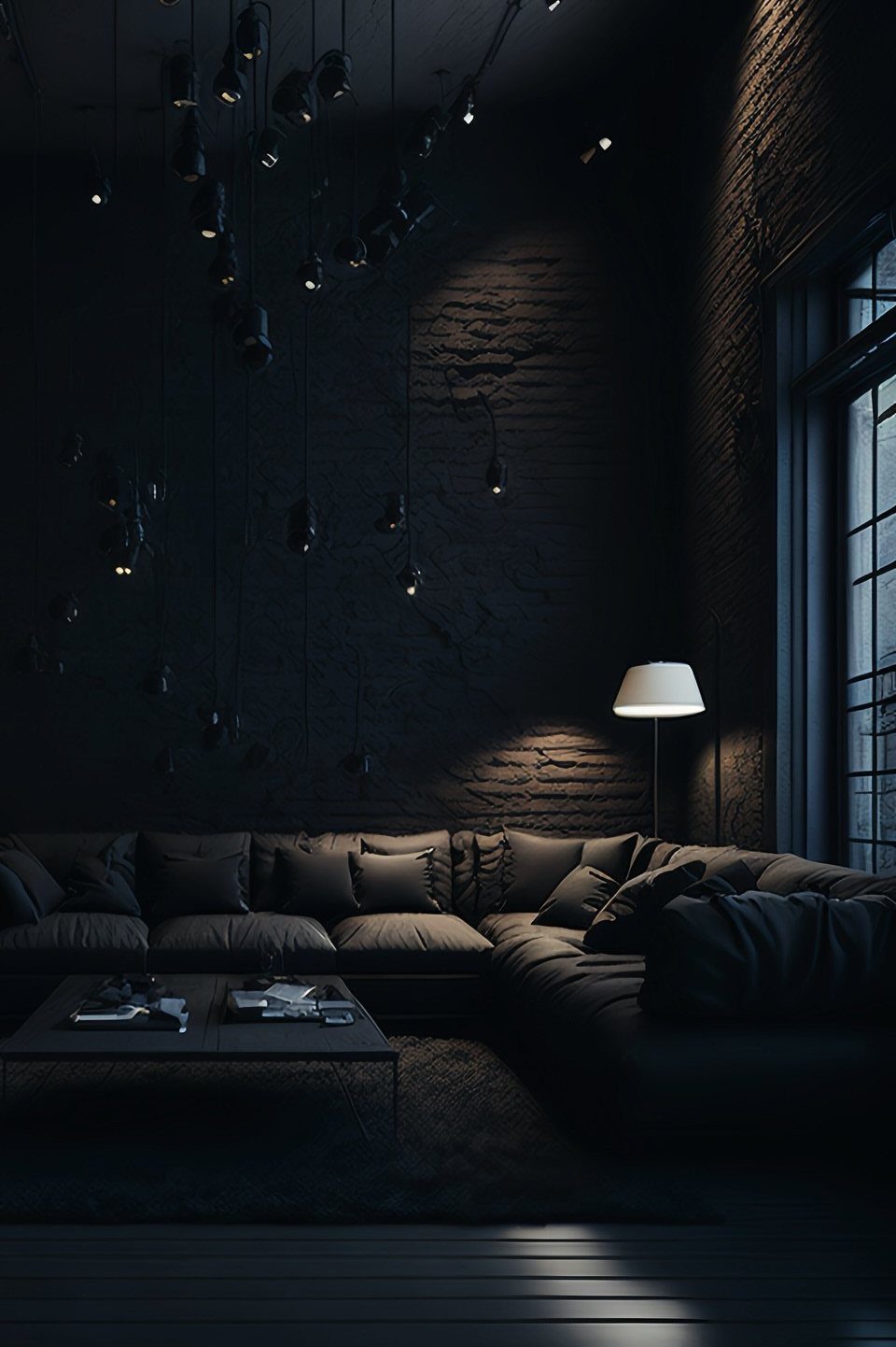 Dark moody living room with a grey sectional sofa and a glowing white lamp.