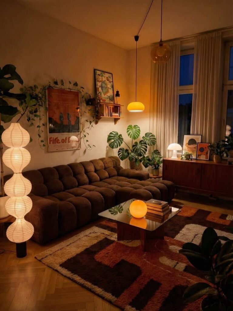 Brown tufted sofa and orange patterned rug in a warm earth tone living room.