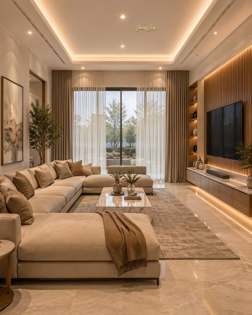 Modern family room with a large beige sectional sofa and marble coffee table.