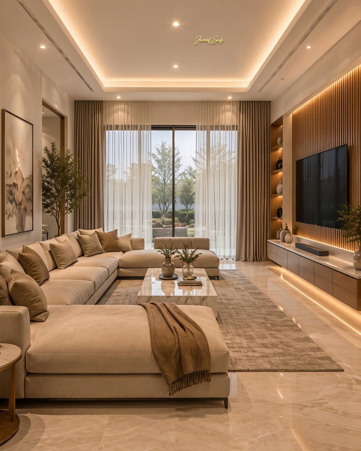 Modern family room with a large beige sectional sofa and marble coffee table.