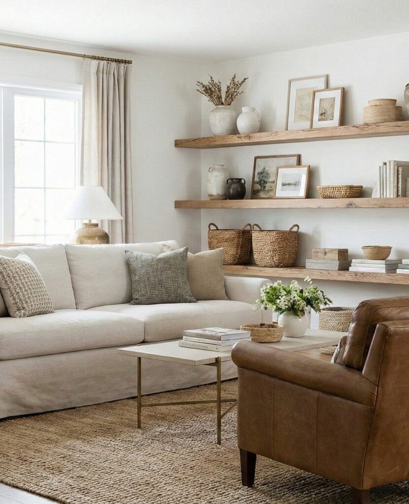 Rustic wooden floating shelves on a white wall in a bright living room.