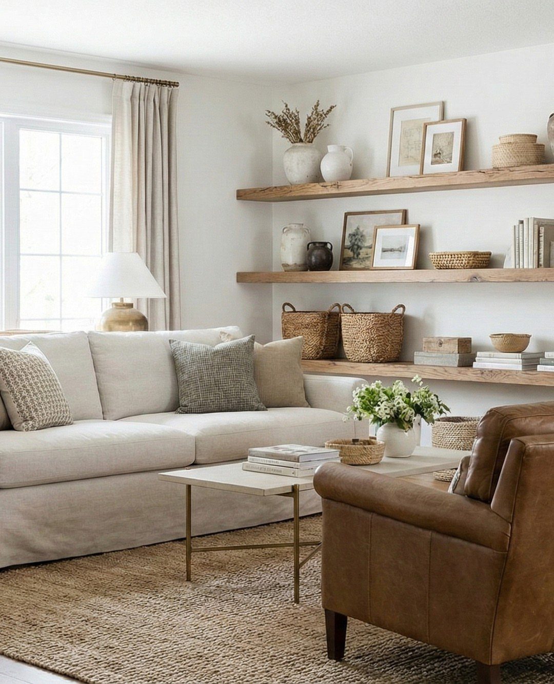 Rustic wooden floating shelves on a white wall in a bright living room.