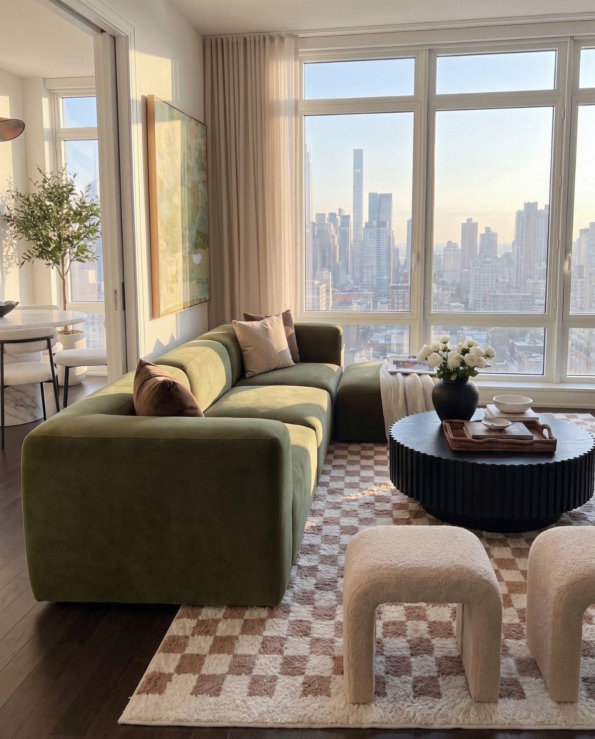 Olive green sectional sofa in a modern living room with city skyline view.