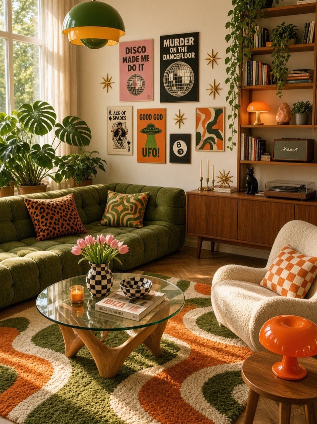 Green tufted sofa and white chair in a living room with orange accents.