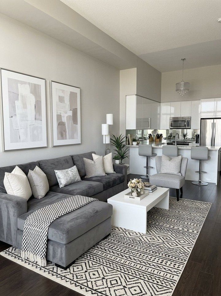 Grey sectional sofa in a modern living room with a white coffee table.