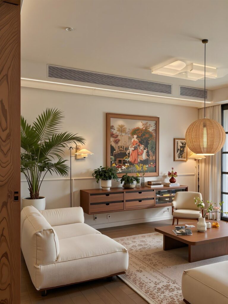 Modern living room with white sofa, wooden furniture, and a large framed painting.