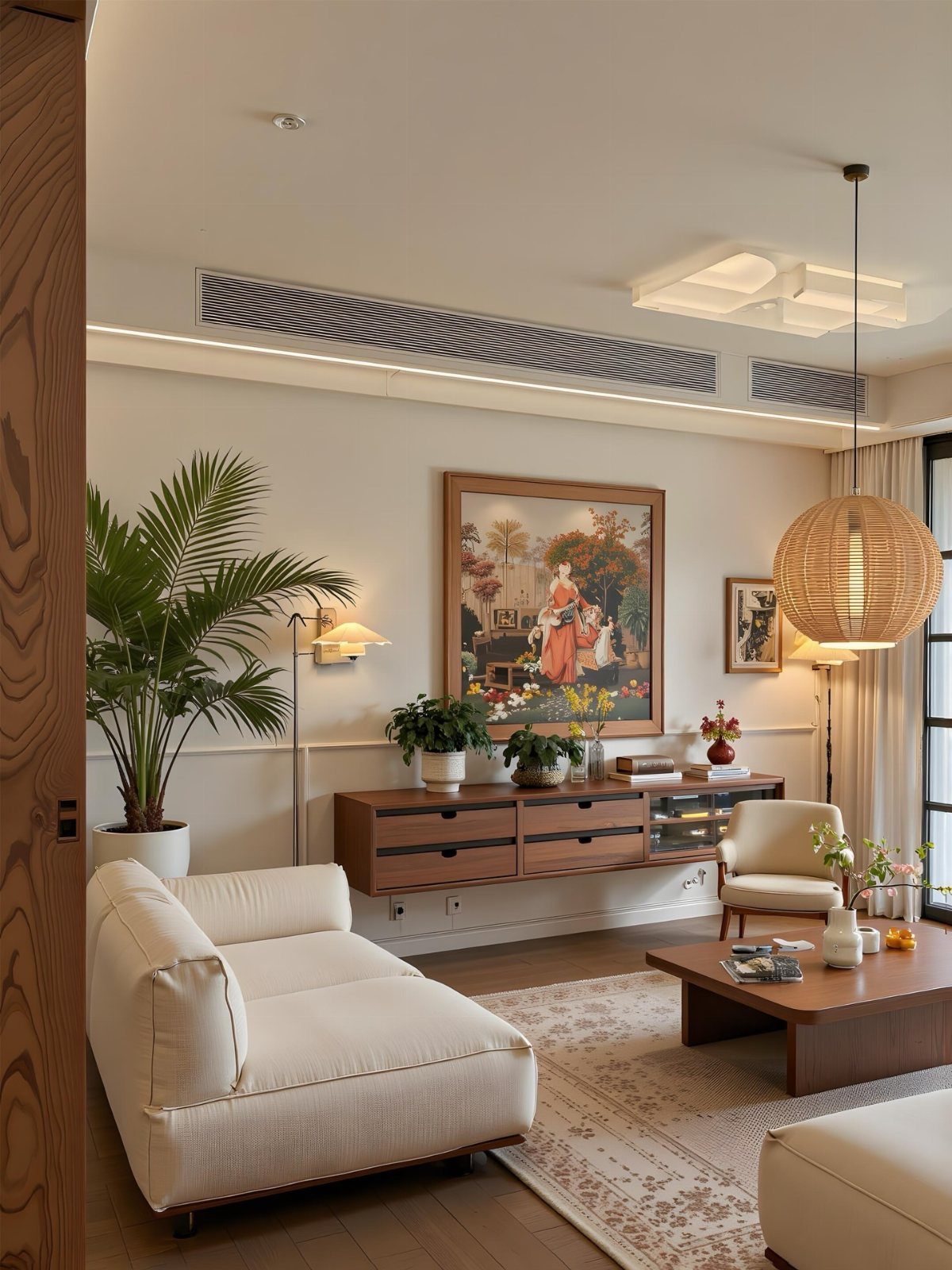 Modern living room with white sofa, wooden furniture, and a large framed painting.