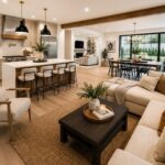 Open concept living room, dining area, and kitchen with neutral tones and wooden accents.