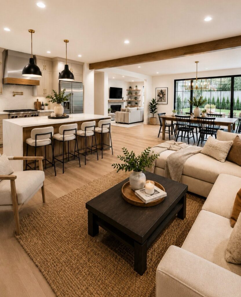 Open concept living room, dining area, and kitchen with neutral tones and wooden accents.