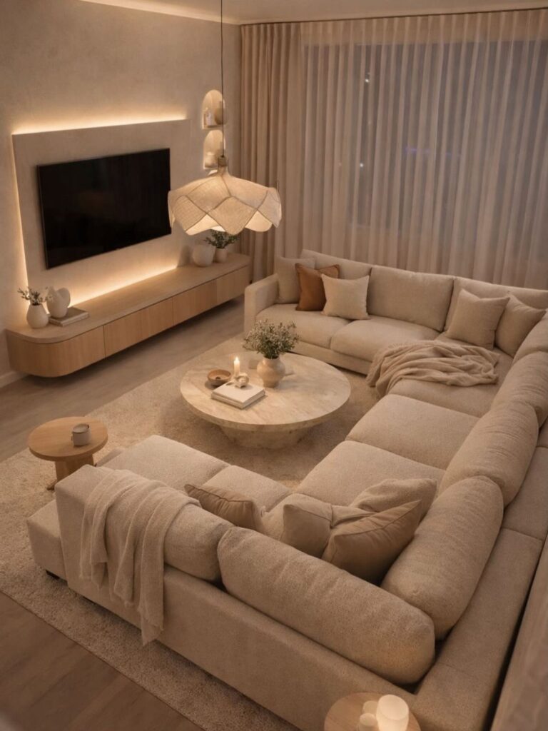 Beige L-shaped sectional sofa in a modern living room with a stone coffee table.