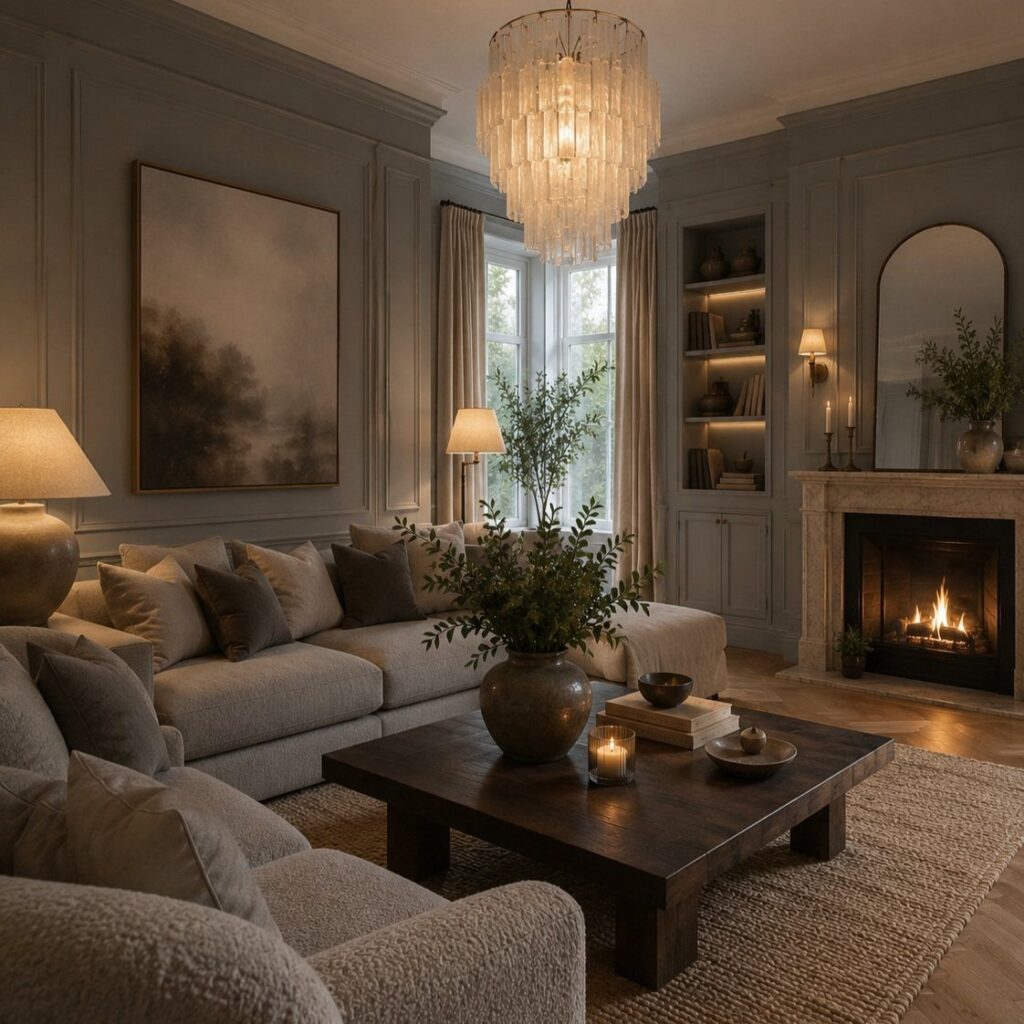 Large crystal chandelier hanging in a sophisticated living room with a fireplace.