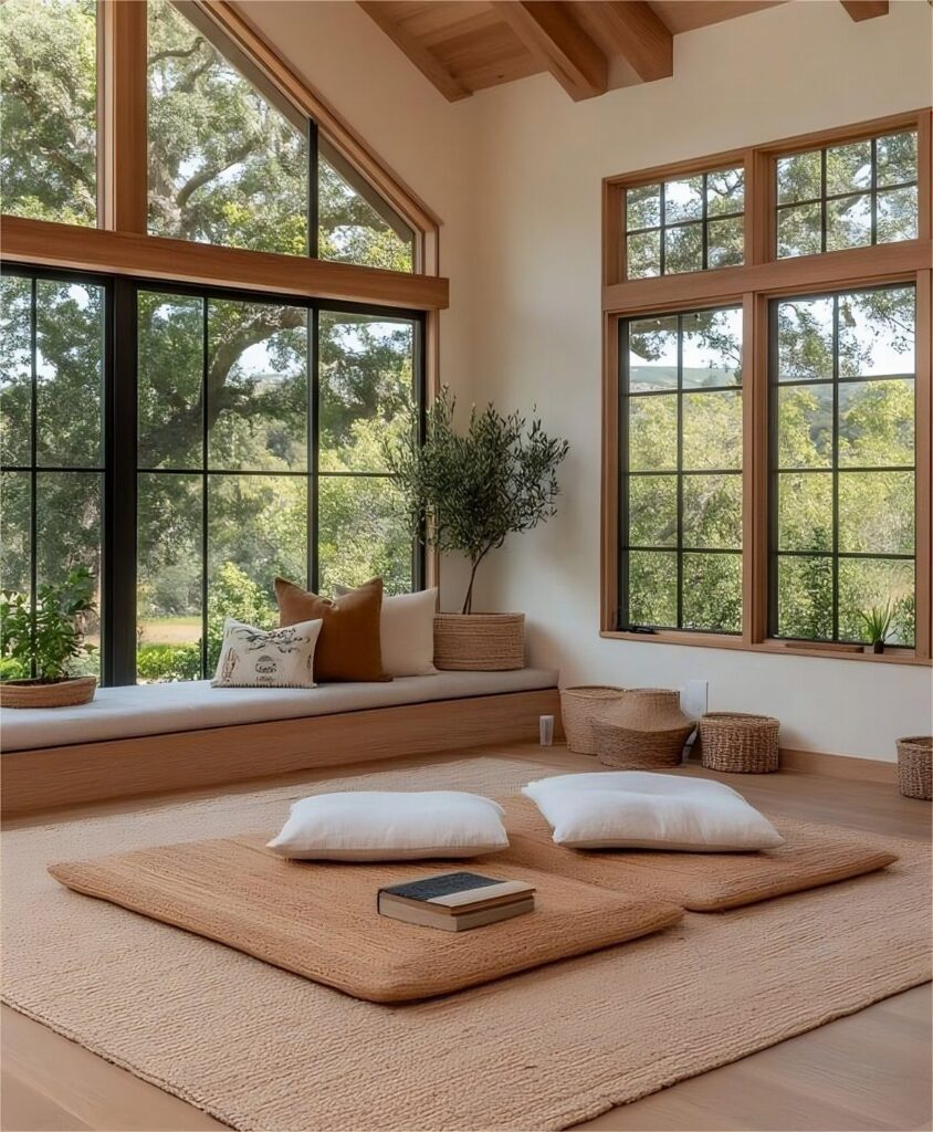 Living room with floor cushions and a window seat instead of a couch
