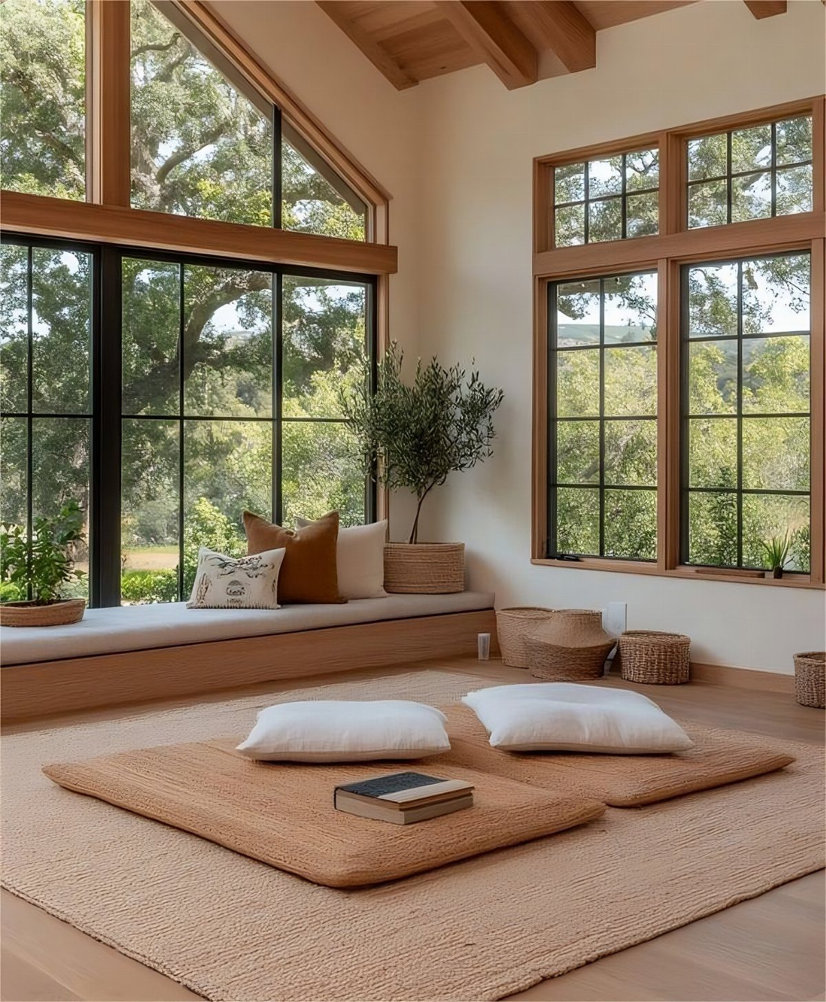 Living room with floor cushions and a window seat instead of a couch