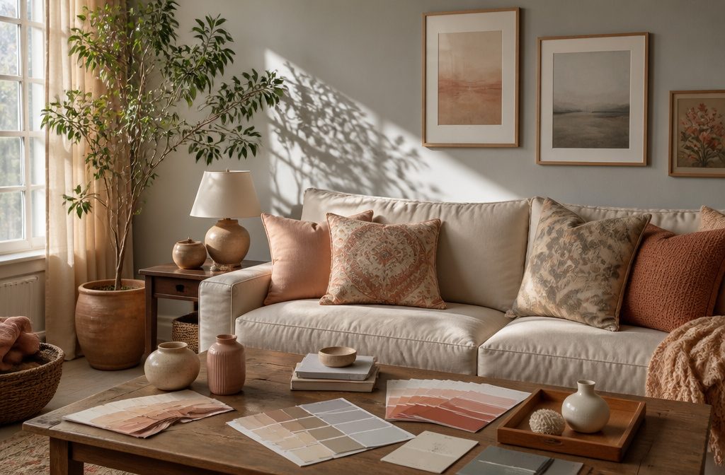 Cozy living room with a faded beige sofa and warm afternoon light