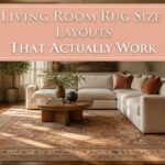A living room showcasing various rug layouts with furniture arrangements.