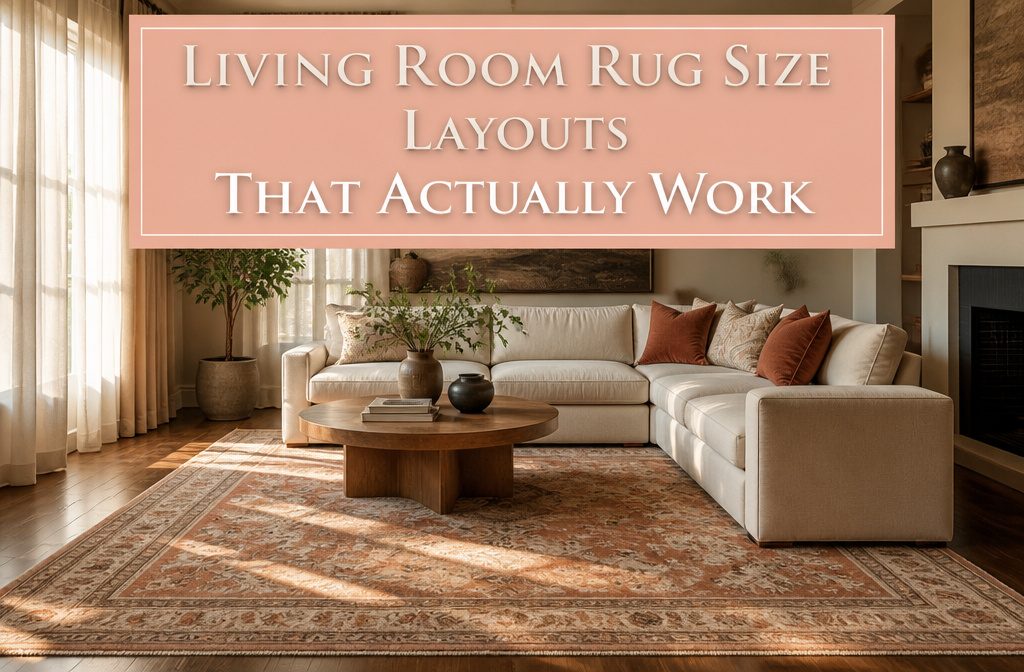 A living room showcasing various rug layouts with furniture arrangements.