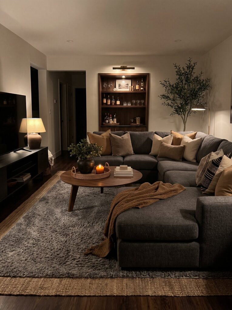 Grey sectional sofa and wooden coffee table in a living room with built-in shelving.