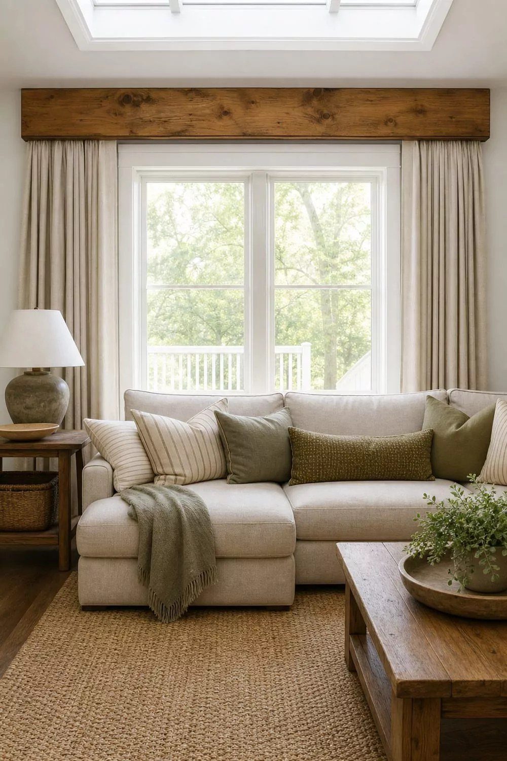 Living room with a wooden beam valance over cream curtains and a beige sofa.