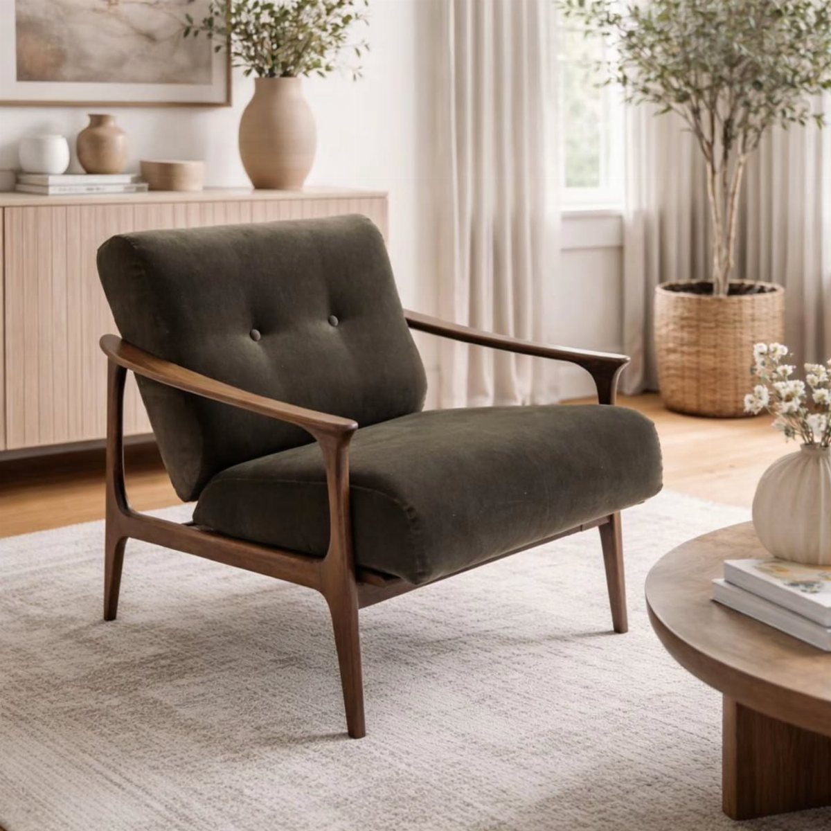 Dark grey mid-century modern accent chair in a bright, minimalist living room setting.