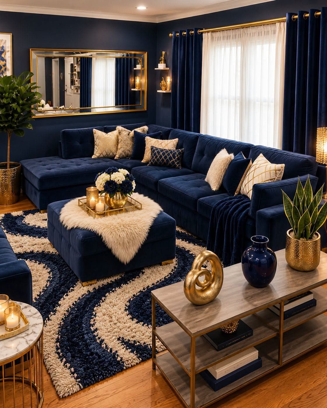 Navy blue living room with a large sectional sofa, gold accents, and patterned rug.