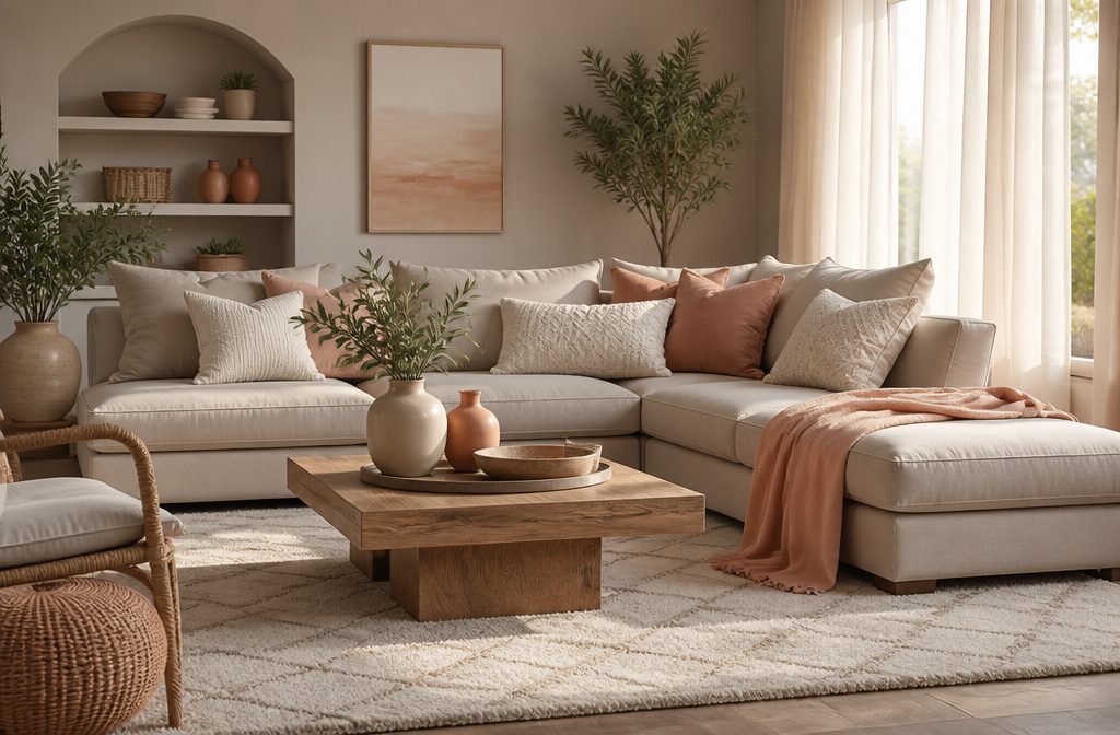 Cozy living room with light taupe and cream colors on walls and furniture.
